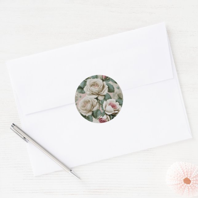 Giant Pink and White Roses Classic Round Sticker (Envelope)