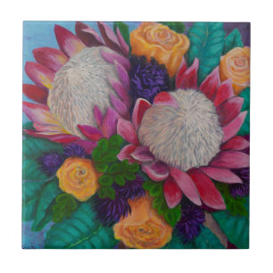 Giant Proteas and Orange Roses Ceramic Tile