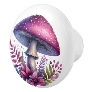 Giant Purple Toadstool With Flowers Ceramic Knob