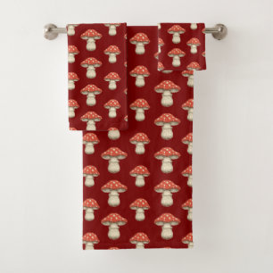 Giant Raining Mushrooms - Red Retro Cottagecore Bath Towel Set