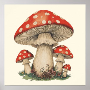 Giant Red Amanita Mushroom Retro - Cottagecore Art Poster