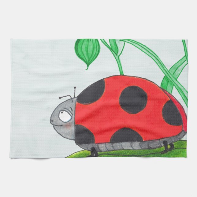 Giant red ladybug on a leaf tea towel (Horizontal)