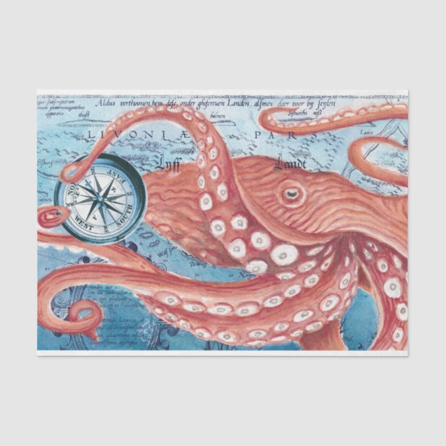 Giant Red Pacific Octopus Compass Vintage Map Art Tissue Paper (Front)