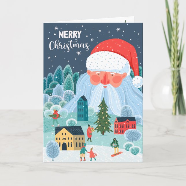 Giant Santa Oversees Town Christmas Card (Front)