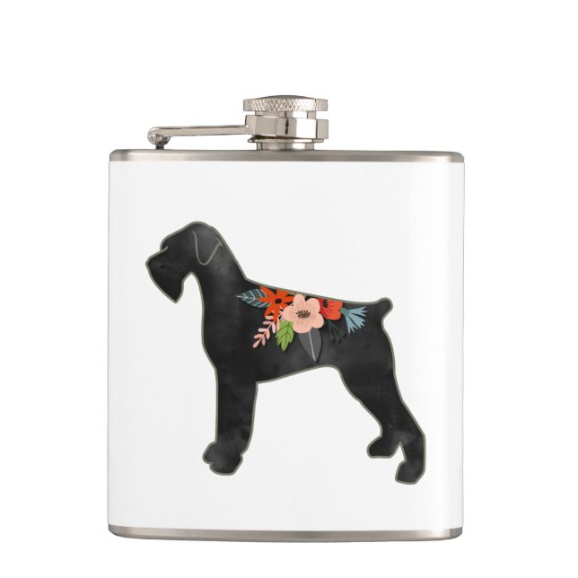 Giant Schnauzer Dog NC Boho Floral Silhouette Hip Flask (Front)