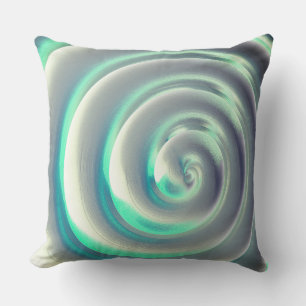 Giant silver and aquamarine spiral over white cushion