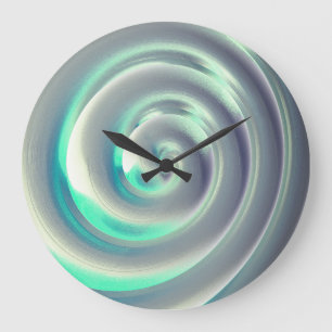 Giant silver and aquamarine spiral over white large clock