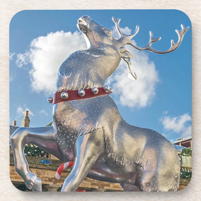 Giant silver reindeer figurine square coasters (Front)