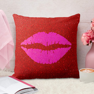 Giant sparkly pink lips on red glitter background cushion