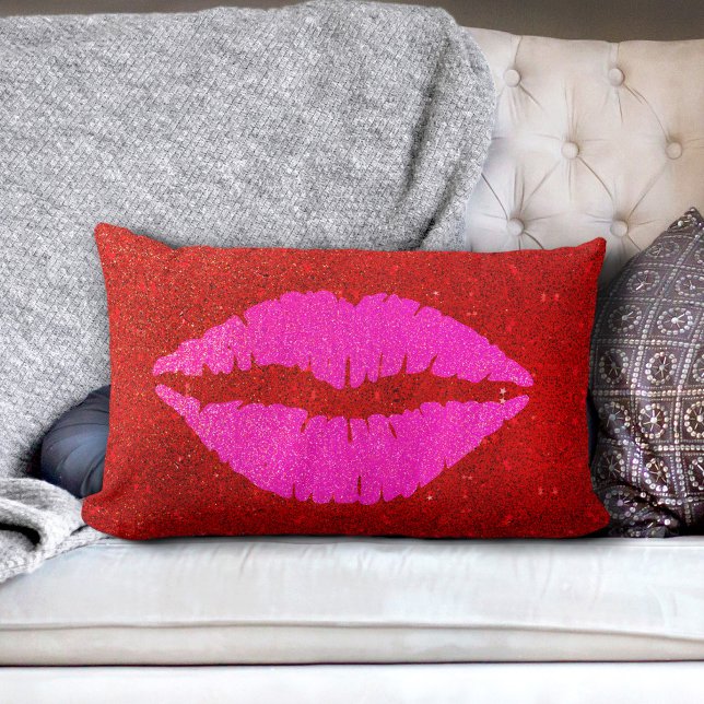 Giant sparkly pink lips red glitter background lumbar cushion (Creator Uploaded)