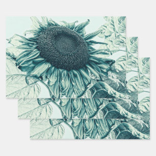 Giant Sunflowers Vintage Teal Green Decoupage Art Wrapping Paper Sheet