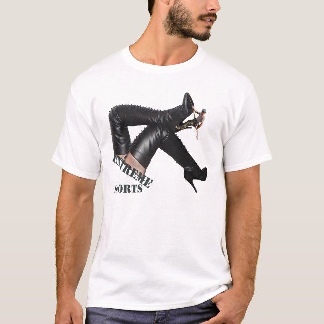 Giant Thigh HIgh Boots Being Climbed T-Shirt (Front)