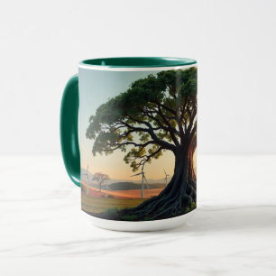 Giant Tree in a Wind Farm Landscape View Mug