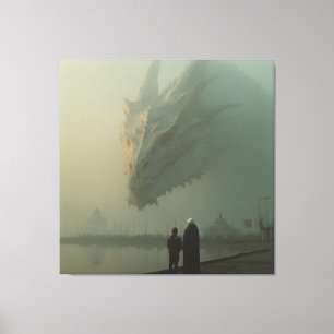 Giant White Dragon Over Misty City Pier Canvas Print