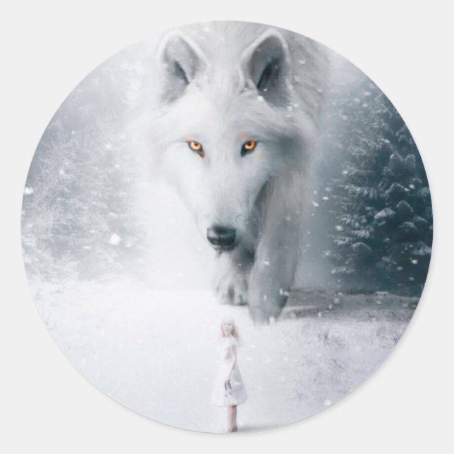 Giant white wolf classic round sticker (Front)