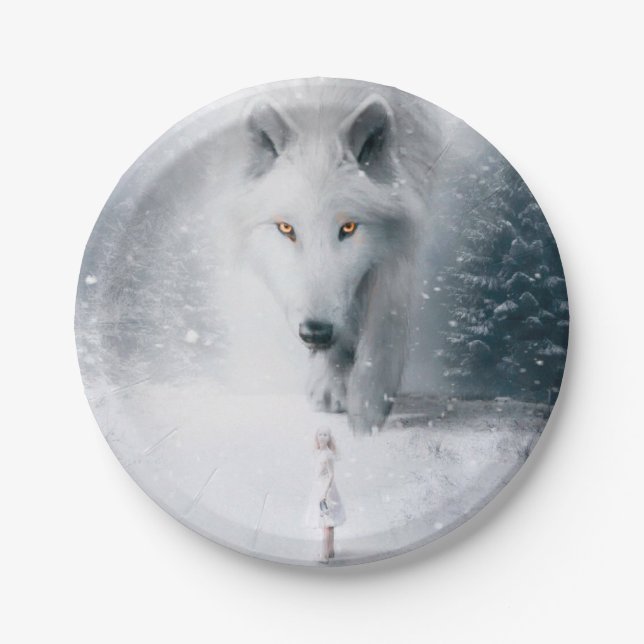 Giant white wolf paper plate (Front)