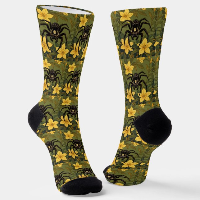 Giant Wolf Spider And Yellow Jasmine Flowers Socks (Angled)