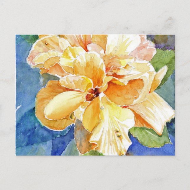 Giant Yellow Gardenia on Blue Background Postcard (Front)