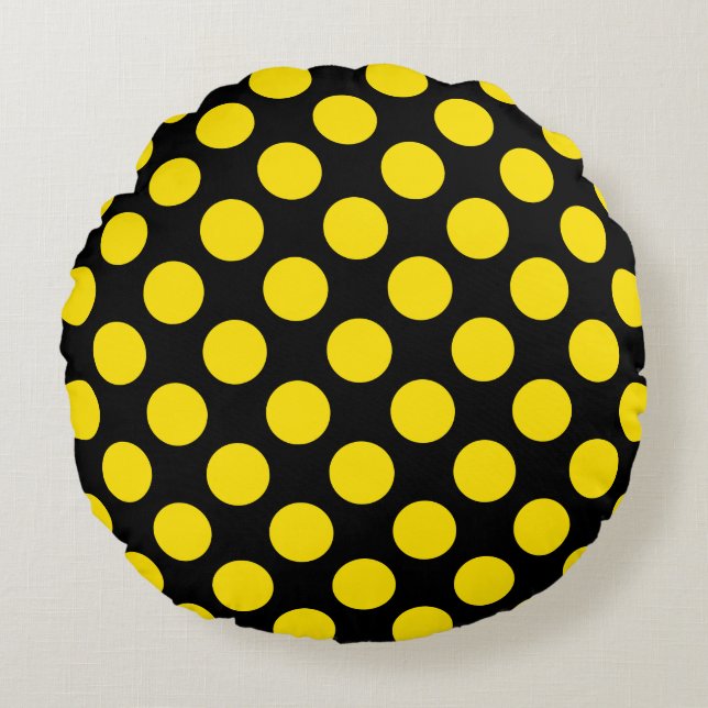 Giant Yellow Polka Dots on Black Round Pillow  (Front)