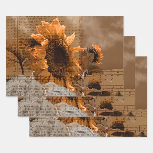 Giant Yellow Sunflowers Hymn Music Rustic Country Wrapping Paper Sheet (Set)