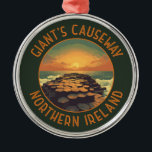 Giant's Causeway Ireland Retro Distressed Circle Metal Ornament<br><div class="desc">Giant's Causeway in a vector art style. The Giant's Causeway is made up of over 40, 000 interlocking basalt columns that were formed by lava that cooled and contracted,  creating regular stress patterns and cracks.</div>