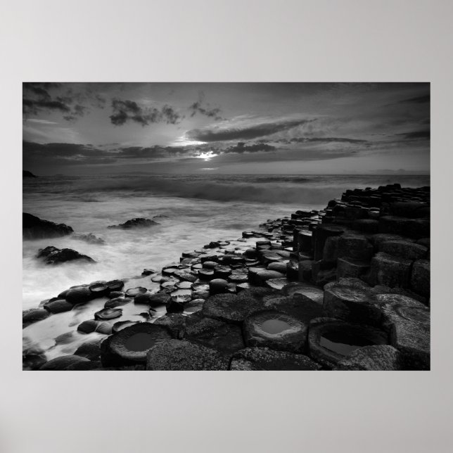 Giants Causeway Sunset Black and White Poster (Front)