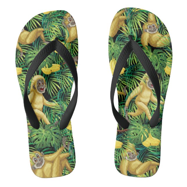 Gibbon Apes In Tropical Rainforest Banana Jungle Thongs (Footbed)