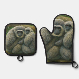 Gibbon Companions – Emotional Wildlife Portrait Oven Mitt & Pot Holder Set