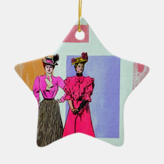 Gibson Girls in a Mondrian Pattern Ceramic Ornament (Front)