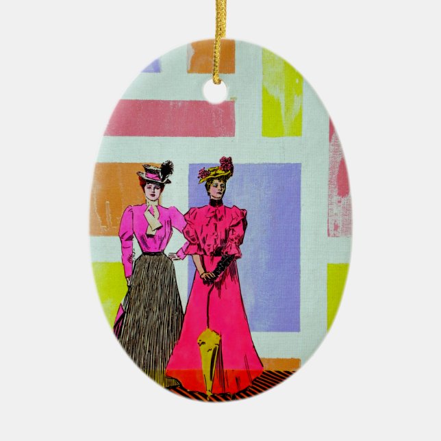 Gibson Girls in a Mondrian Pattern Ceramic Ornament (Front)