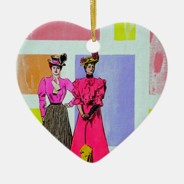 Gibson Girls in a Mondrian Pattern Ceramic Tree Decoration (Front)