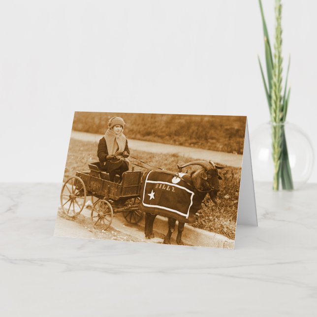 Giddy up, Billy! Vintage Goat Girl in Wagon Foil Greeting Card (Front)