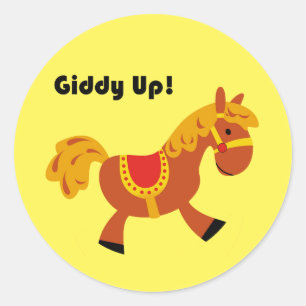 Giddy Up Brown Saddle Horse, Cute Kid’s Cartoon Classic Round Sticker