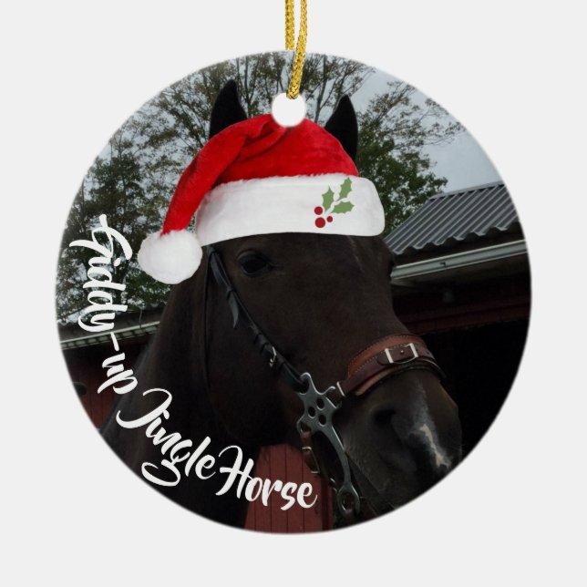 Giddy Up Jingle Horse Christmas Photo Ceramic Ornament (Front)