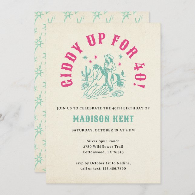Giddy Up Pink Turquoise Cowgirl 40th Birthday Invitation (Front/Back)
