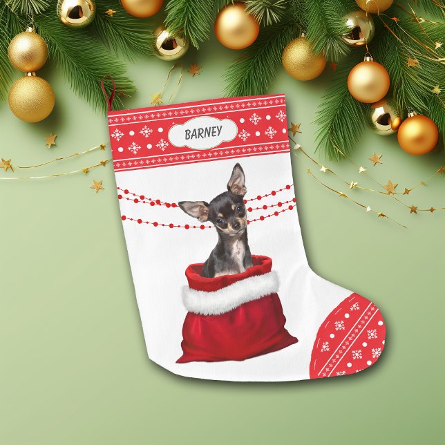 Gift Bag Black Tan Chihuahua Dog Snowflake Border Large Christmas Stocking (Creator Uploaded)