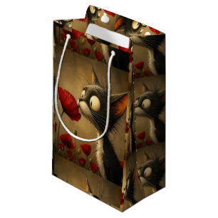 Gift Bag Black & White Cat Red Flower Floral 