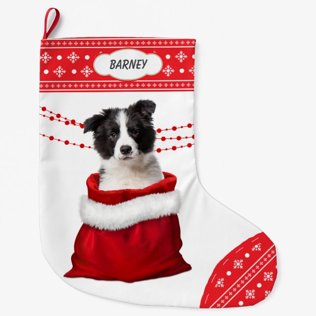 Gift Bag Border Collie Puppy Snowflake Border Large Christmas Stocking (Front)