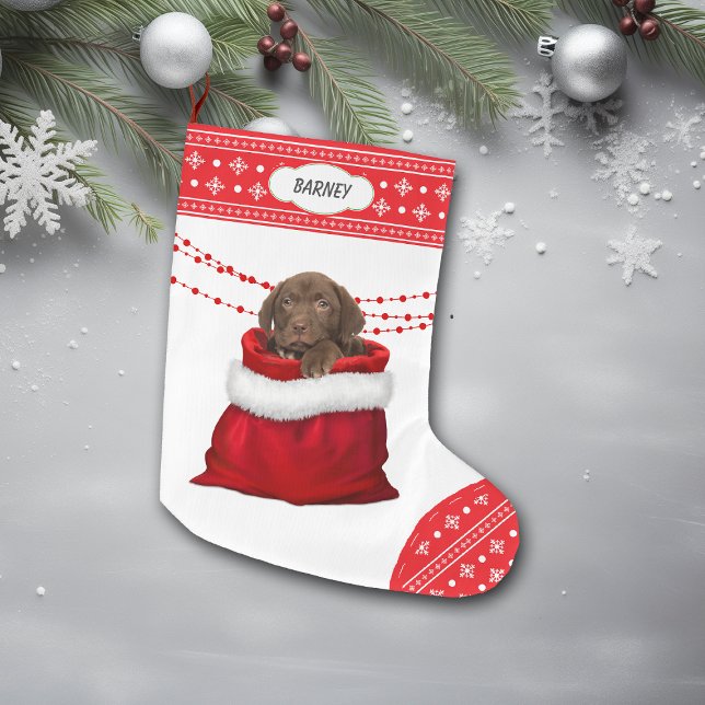 Gift Bag Chocolate Lab Pup Snowflake Border Large Christmas Stocking (Creator Uploaded)
