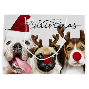 GIFT BAG CHRISTMAS DOGS WITH ANTLERS AND SANTA HAT