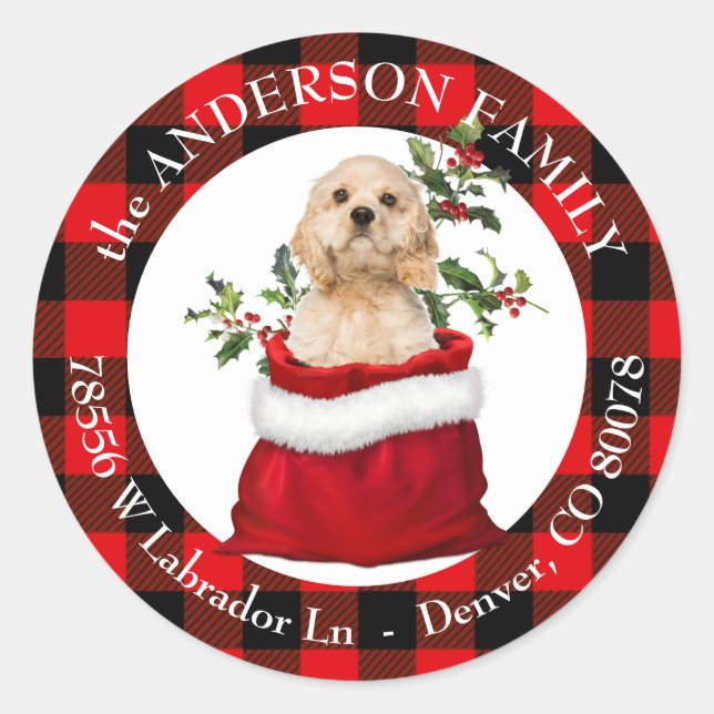 Gift Bag Cocker Spaniel Puppy Dog Plaid Frame Classic Round Sticker (Front)