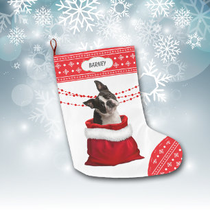 Gift Bag Cute Boston Terrier Dog Snowflake Border Large Christmas Stocking