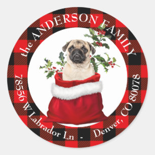 Gift Bag Cute Pug Dog Plaid Frame Return Address Classic Round Sticker
