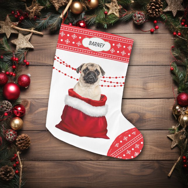 Gift Bag Cute Pug Dog Snowflake Border Large Christmas Stocking (Creator Uploaded)