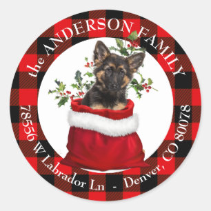 Gift Bag German Shepherd Puppy Plaid Frame Classic Round Sticker