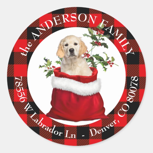 Gift Bag Golden Retriever Plaid Frame Classic Round Sticker (Front)