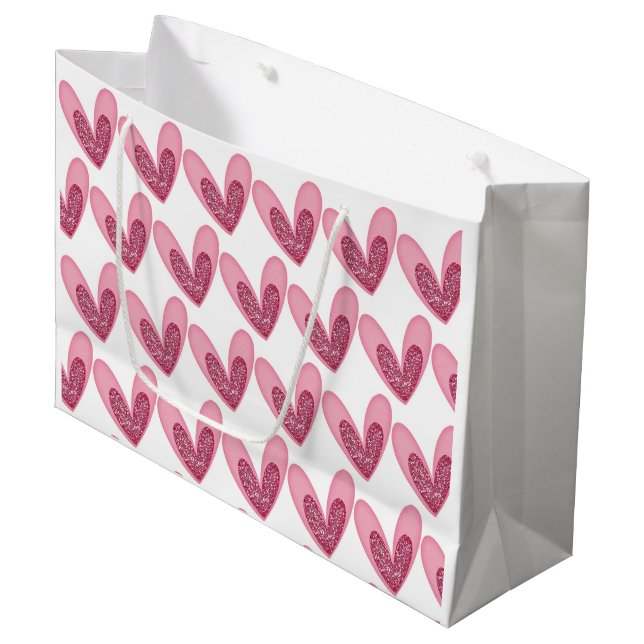 Gift Bag - Pink Glitter Hearts (Front Angled)