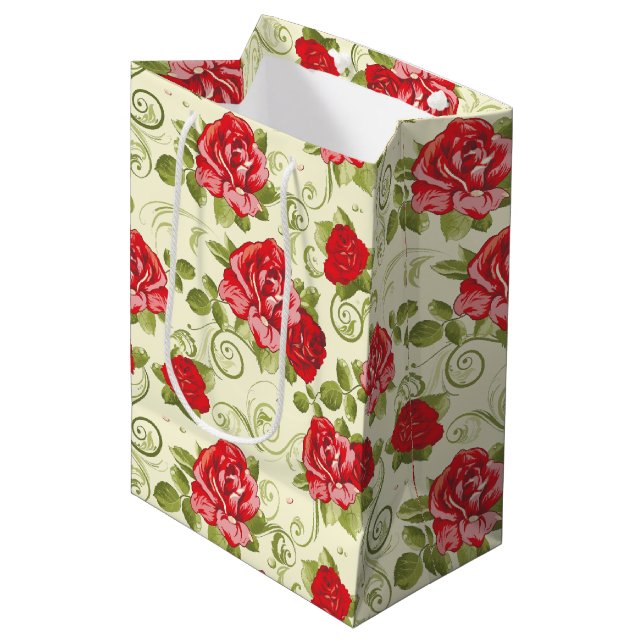 Gift Bag-Red Rose Print Medium Gift Bag (Front Angled)