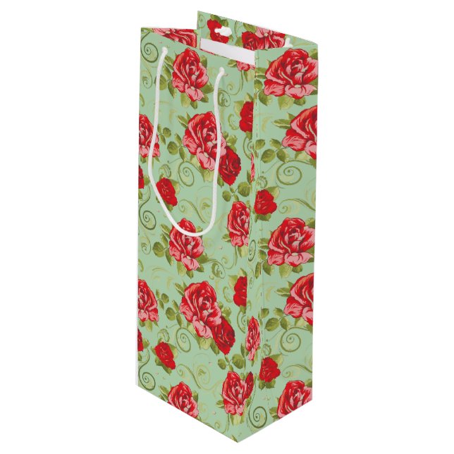 Gift Bag-Red Rose Print Wine Gift Bag (Front Angled)