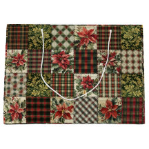 Gift Bag Rustic Christmas Plaid Patchwork Red